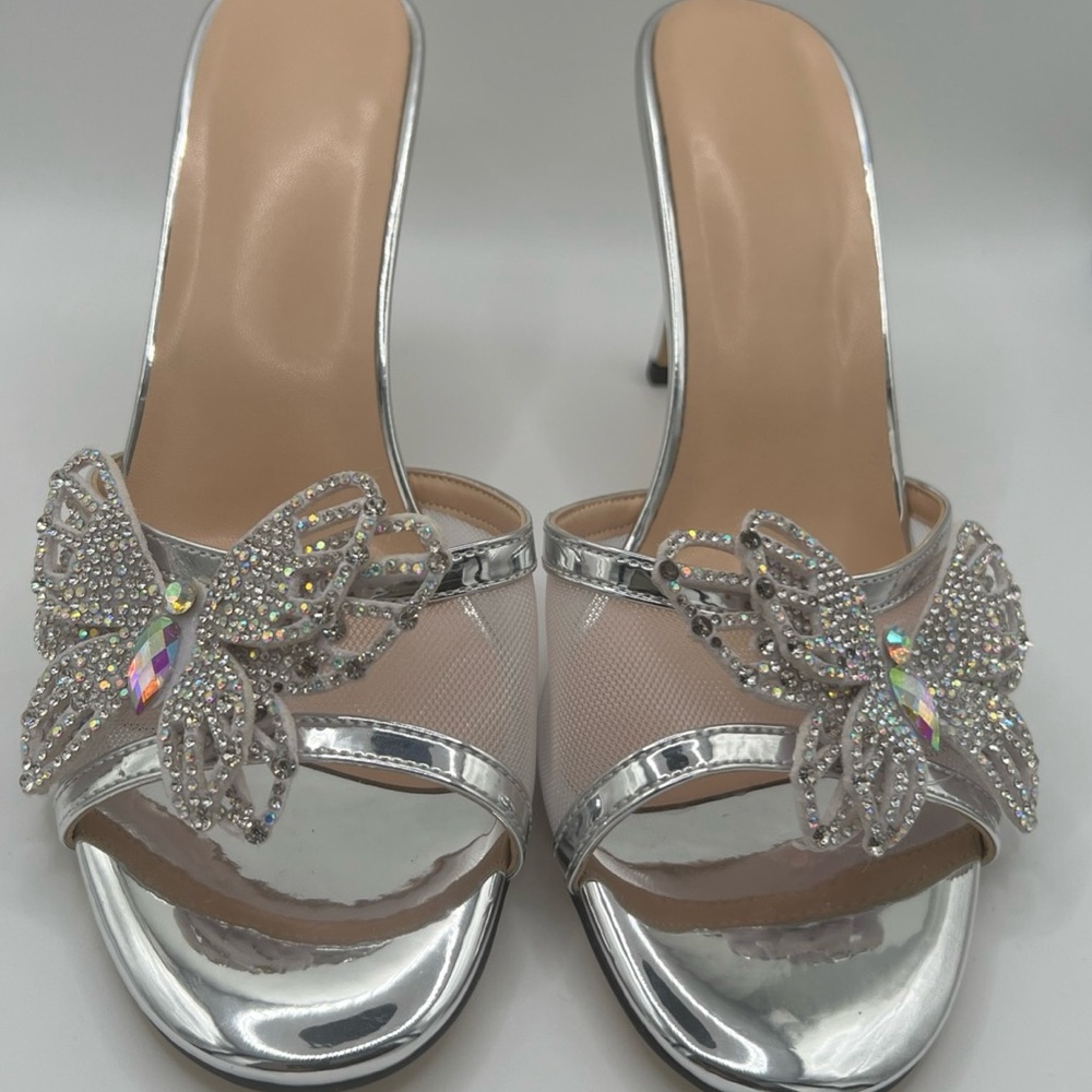 Silver Butterfly Embellished Women's Heels